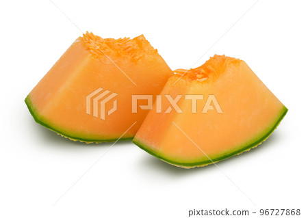 Cantaloupe melon piece isolated on white background with full depth of field. Cantaloupe melon piece isolated on white background with full depth of field. 96727868