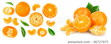 tangerine or mandarin with leaves isolated on white background. Top view. Flat lay 96727875