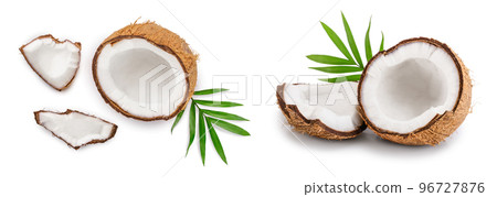 coconut with leaves isolated on white background. Top view. Flat lay coconut with leaves isolated on white background. Top view. Flat lay 96727876