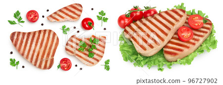 Tuna fish steak grilled isolated on white background with full depth of field, Top view. Flat lay Tuna fish steak grilled isolated on white background with full depth of field, Top view. Flat lay 96727902