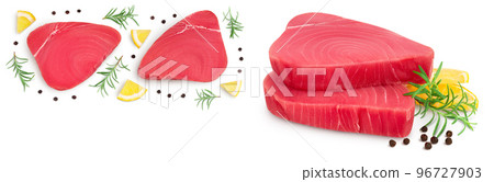 Fresh tuna fish fillet steak isolated on white background. Top view with copy space for your text. .Flat lay Fresh tuna fish fillet steak isolated on white background. Top view with copy space for your text. .Flat lay 96727903