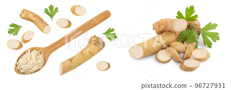 Horseradish root grated in spoon with slices isolated on white background Horseradish root grated in spoon with slices isolated on white background 96727931