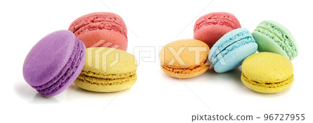 three macaroons isolated on white background closeup 96727955