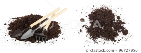 garden tools in soil isolated on white background 96727956
