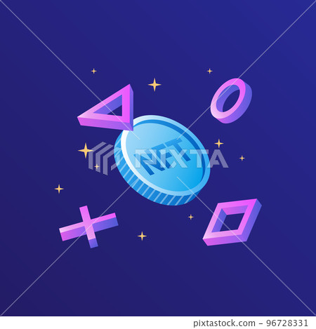 NFT Games. Flying Coin with geometric shapes. P2E Crypto Games Illustration 96728331