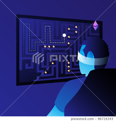 A man playing crypto games. P2E Crypto Games Illustration.  96728343