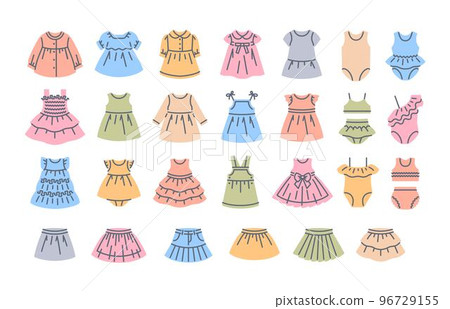 Baby girl dresses color fill line icons. Different dresses with long and short sleeves, sundresses, skirts and swimsuits for little girl. Simple linear pictograms of kids clothes. Little girl wardrobe Baby girl dresses color fill line icons. Different dresses with long and short sleeves, sundresses, skirts and swimsuits for little girl. Simple linear pictograms of kids clothes. Little girl wardrobe 96729155