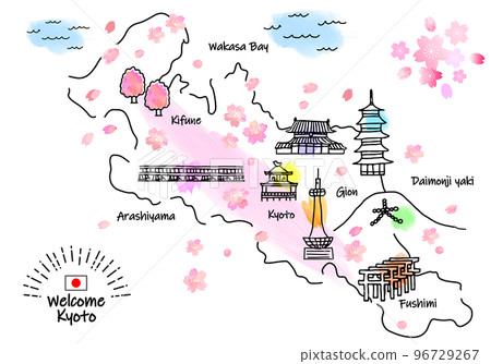 春天的京都旅遊景點簡筆劃插畫圖（粉色） 96729267