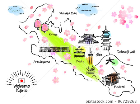 春天的京都旅遊景點簡筆劃插畫圖（綠色） 96729268