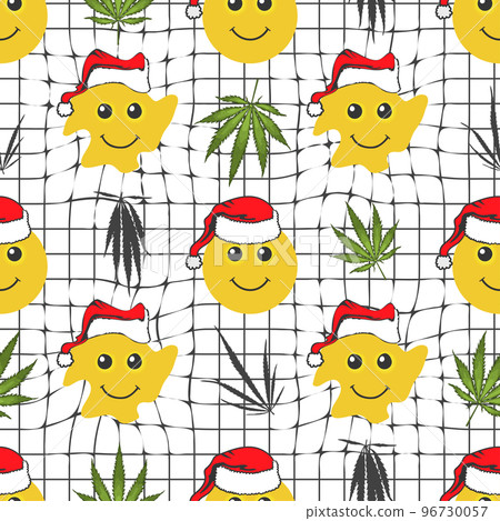 Seamless distorted melting smiley face in claus hat with cannabis leaves pattern for christmas. Geometric hemp christmas background. Vector 96730057