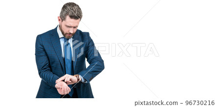 Businessman in business suit place fingers on wrist measuring heartbeat with watch, pulse rate. Man face portrait, banner with copy space. 96730216