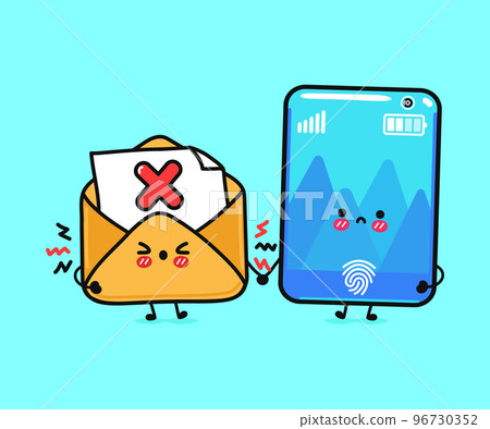Cute, funny angry smartphone and letter with ban sign. Vector hand drawn cartoon kawaii characters, illustration icon. Funny cartoon smartphone and message mascot character concept Cute, funny angry smartphone and letter with ban sign. Vector hand drawn cartoon kawaii characters, illustration icon. Funny cartoon smartphone and message mascot character concept 96730352