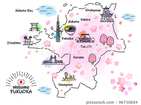 春季福岡旅遊景點的簡單線描插圖地圖(粉紅色) 春季福岡旅遊景點的簡單線描插圖地圖(粉紅色) 96730684