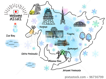 Simple line drawing illustration map of sightseeing spots in Aichi Prefecture in winter Simple line drawing illustration map of sightseeing spots in Aichi Prefecture in winter 96730799