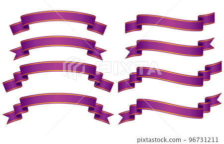 Illustration of a set of 8 types of gradation ribbon labels with curved yellow lines (purple) 96731211
