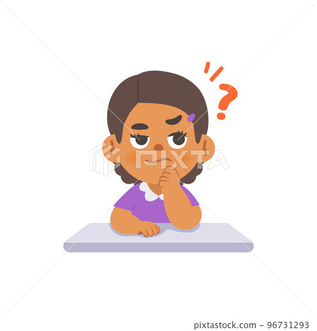 a black girl in doubt or have a question on the desk, illustration cartoon character vector design on white background. kid and education concept. 96731293