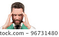 suffering businessman isolated on white. stressed guy with moustache having headache. 96731480