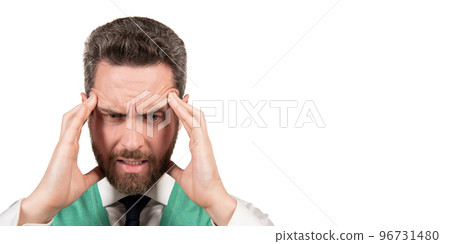 suffering businessman isolated on white. stressed guy with moustache having headache. 96731480