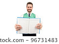 man hold notebook isolated on white background, selective focus, information 96731483