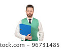 handsome man manager hold folder with documents isolated on white background, business 96731485