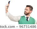 businessman making selfie isolated on white. male business blogger. vlogger with cellphone. 96731486