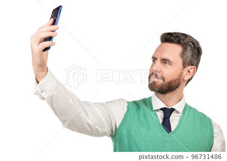 businessman making selfie isolated on white. male business blogger. vlogger with cellphone. 96731486