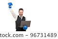happy man in boxing gloves hold laptop isolated on white background, copy space, championship. 96731489