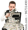 rich millionaire holding case full of dollar cash isolated on white background, bribe 96731490