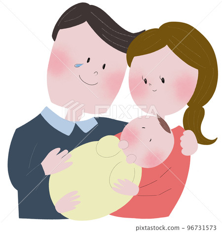 一個因嬰兒的出生而感動而哭泣的年輕父親和一個抱著嬰兒的年輕母親的風景 96731573