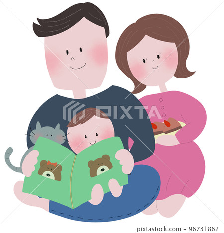 一位年輕的父親給他的小兒子和他腿上的貓讀書，一位年輕的母親帶著蛋糕 96731862