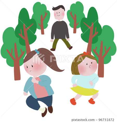 父親看著姐妹們在森林裡的林蔭道上奔跑 96731872