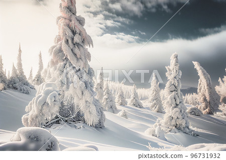 White winter spruces in the snow on a frosty day. Perfect wintry wallpapers magical nature. 96731932