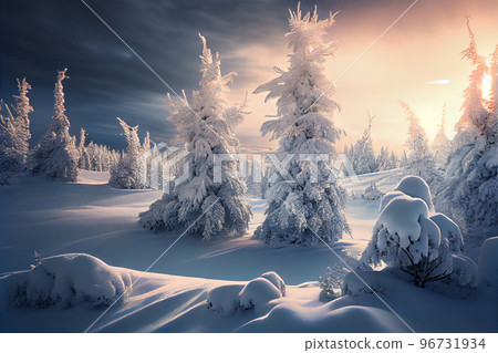 White winter spruces in the snow on a frosty day. Perfect wintry wallpapers magical nature. White winter spruces in the snow on a frosty day. Perfect wintry wallpapers magical nature. 96731934
