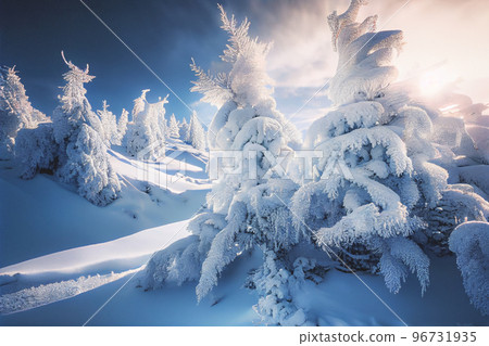 White winter spruces in the snow on a frosty day. Perfect wintry wallpapers magical nature. White winter spruces in the snow on a frosty day. Perfect wintry wallpapers magical nature. 96731935