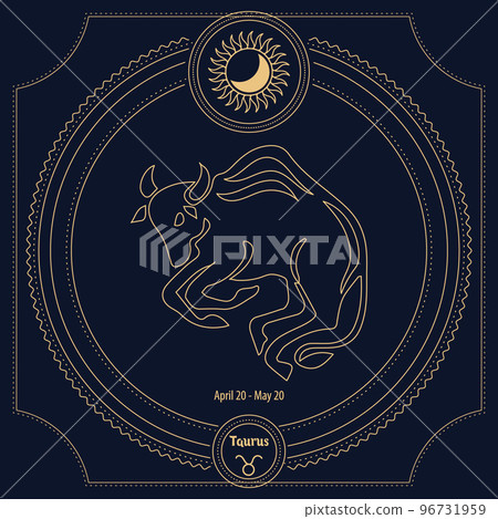Taurus Zodiac sign, astrological sign of the horoscope in an ornamental mystical frame. Golden blue design, vector Taurus Zodiac sign, astrological sign of the horoscope in an ornamental mystical frame. Golden blue design, vector 96731959