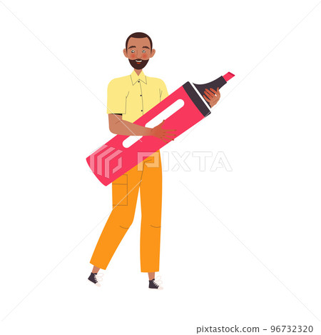 Bearded Man Character with Huge Highlighter Working with Text Vector Illustration 96732320