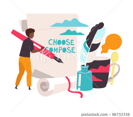 Man Character with Fountain Pen Writing on Paper Working with Text Vector Illustration Man Character with Fountain Pen Writing on Paper Working with Text Vector Illustration 96732336