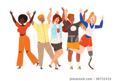 Happy and Rejoicing Group of People Characters Cheering Raising Hands Up Vector Illustration 96732418