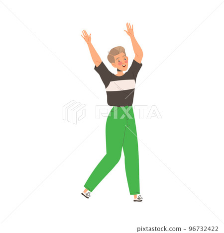 Young Man Character Raising Hands in Triumph Showing Hand Gesture Expressing Positive Emotion Vector Illustration 96732422