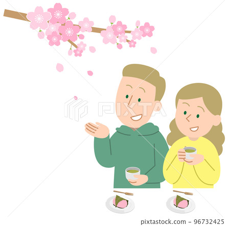 幾個外國遊客欣賞櫻花 96732425