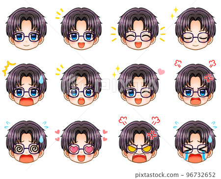 Glasses male chibi character face icon illustration material set 96732652
