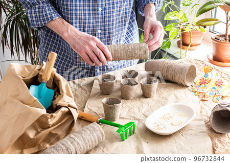 Man is planting seedlings at home Man is planting seedlings at home 96732844