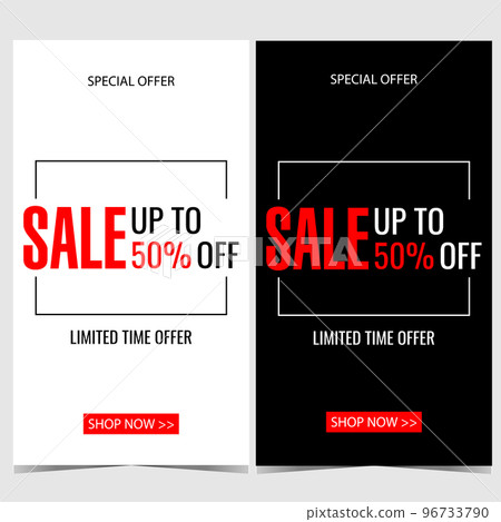 Sale and discount vector banner in strict minimalist style with red text on white or black background. Poster, leaflet, flyer, brochure or booklet for special offer promotion and advertisement. 96733790