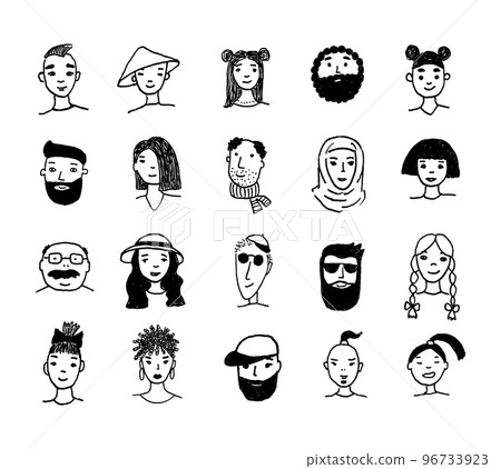 Set of people faces hand drawn in doodle style. Black lines and silhuette. Social network concept. Set of people faces hand drawn in doodle style. Black lines and silhuette. Social network concept. 96733923