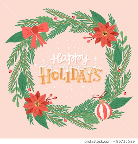 Christmas wreath with hand drawn elementa and lettering. Greeting card template. Festive vector illustration in flat cartoon style Christmas wreath with hand drawn elementa and lettering. Greeting card template. Festive vector illustration in flat cartoon style 96735559