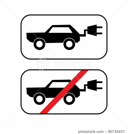 Traffic rules signs electric car. Electric car and no electric car sign on white background. Sign indicating the prohibition or rule. Horizontal template. Vector illustration in flat style. 96736857