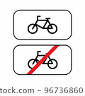 Traffic signs for cyclists set. Bicycle and no bicycle sign on white background. Sign indicating the prohibition or rule. Pedal bikes horizontal template. Vector illustration in flat style. 96736860
