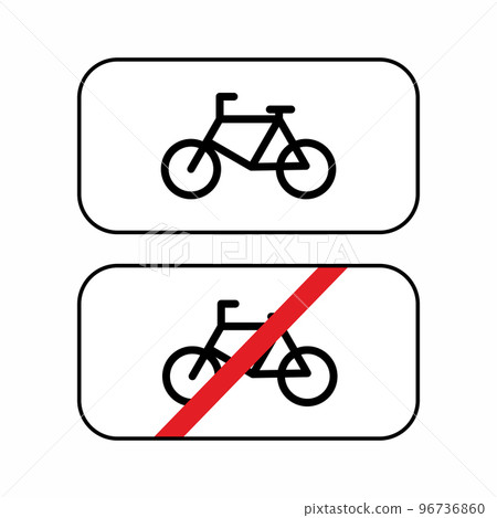 Traffic signs for cyclists set. Bicycle and no bicycle sign on white background. Sign indicating the prohibition or rule. Pedal bikes horizontal template. Vector illustration in flat style. 96736860