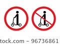 Traffic rules signs e-scooter. Electric scooter and no electric scooter sign on white background. Sign indicating the prohibition or rule. Round template. Vector illustration in flat style. 96736861