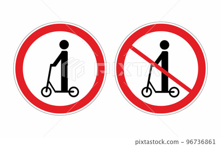 Traffic rules signs e-scooter. Electric scooter and no electric scooter sign on white background. Sign indicating the prohibition or rule. Round template. Vector illustration in flat style. 96736861
